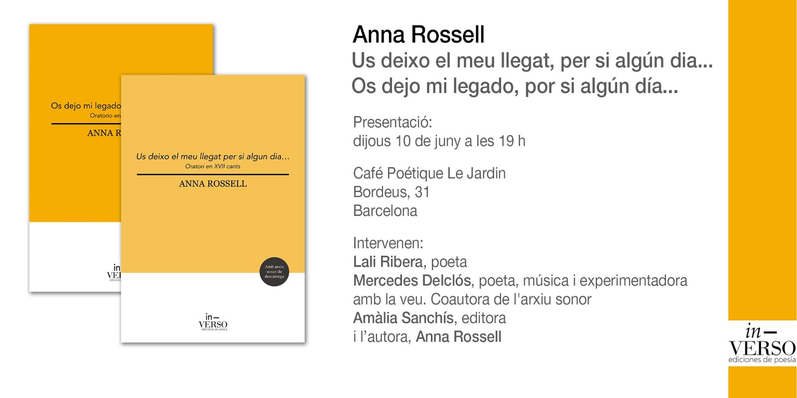 Cartel Presentación de «Os dejo mi legado por si algún día... (Oratorio en XVII cantos), de Anna Rossell